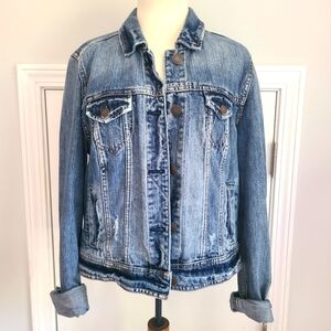 American Eagle Jean Jacket Women's Size XL Distressed Denim Boho Fall Trucker